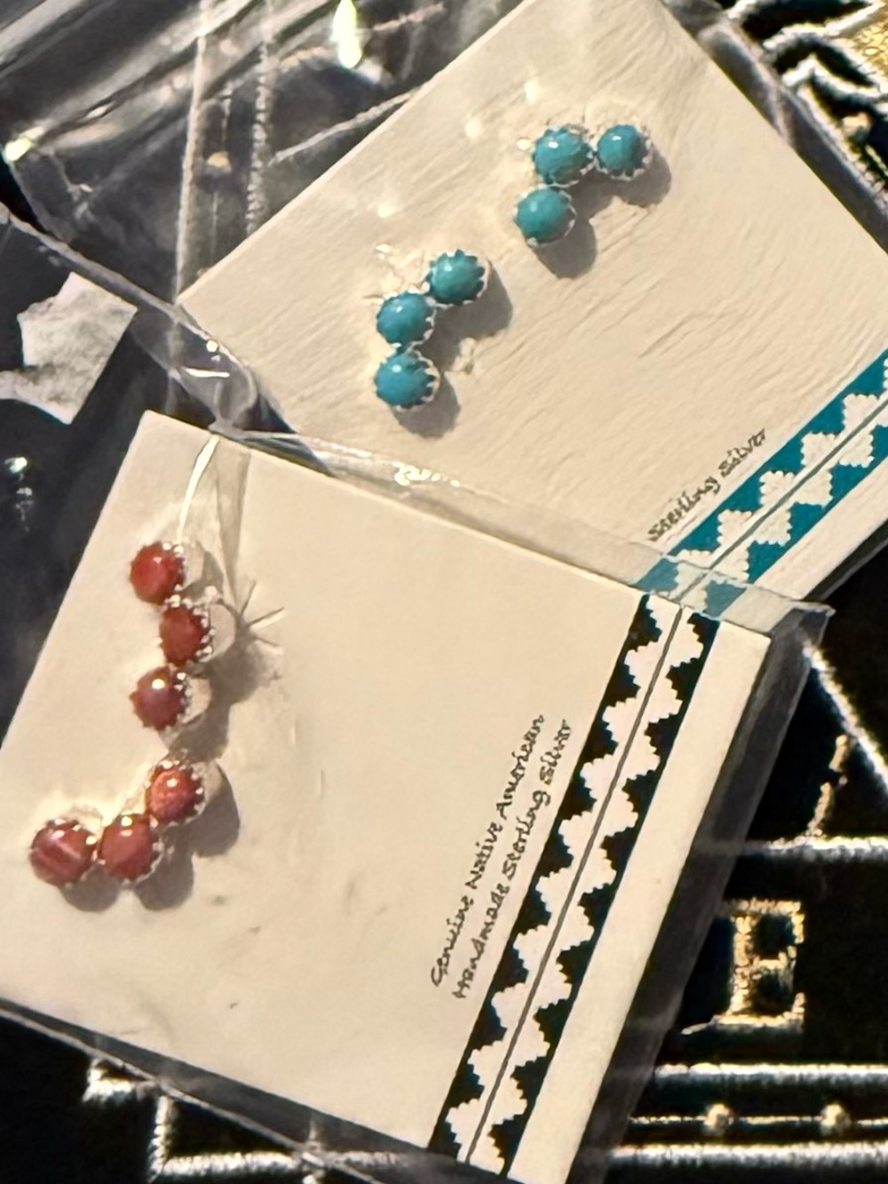 Two pairs native studs turquoise and orange/red